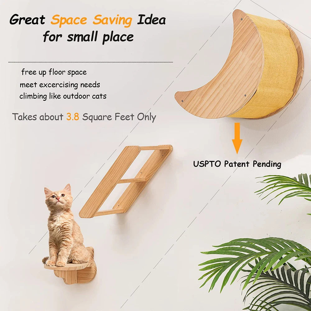 Cat Wall Hammock Moon Shelf, Solid Wood Climbing Perch & Steps, Indoor Cat Activity