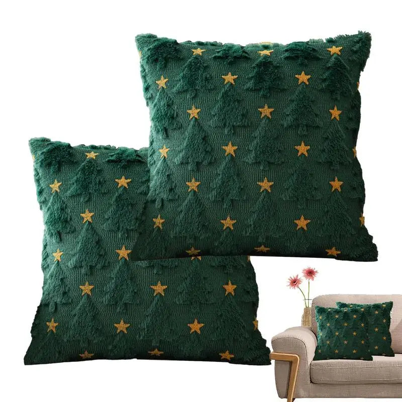 Christmas Cushion Covers Set of 2, 18x18 Inches, Green Tree with Golden Star