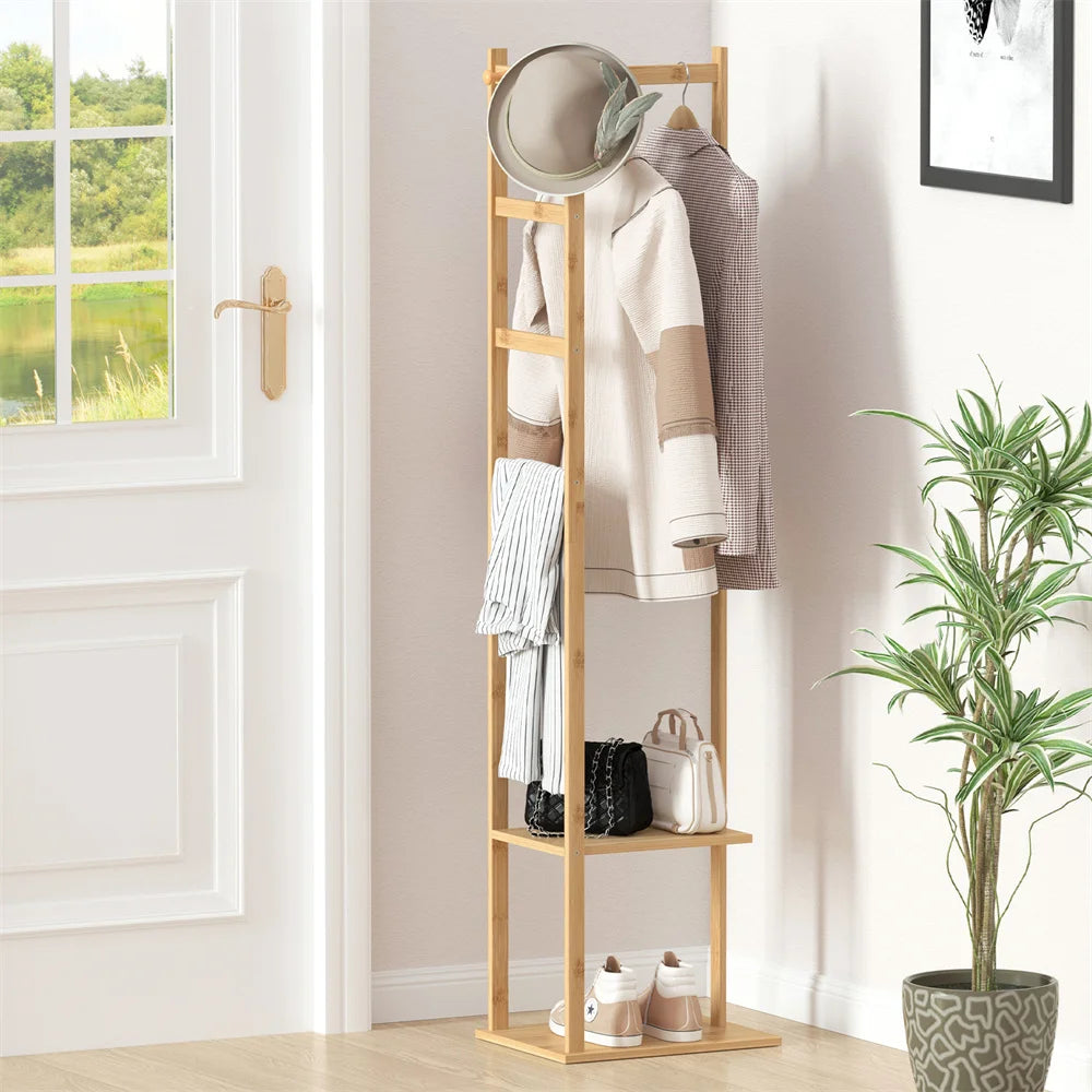 Solid Bamboo Freestanding Coat Tree Rack with Storage and Hooks - Corner Stand