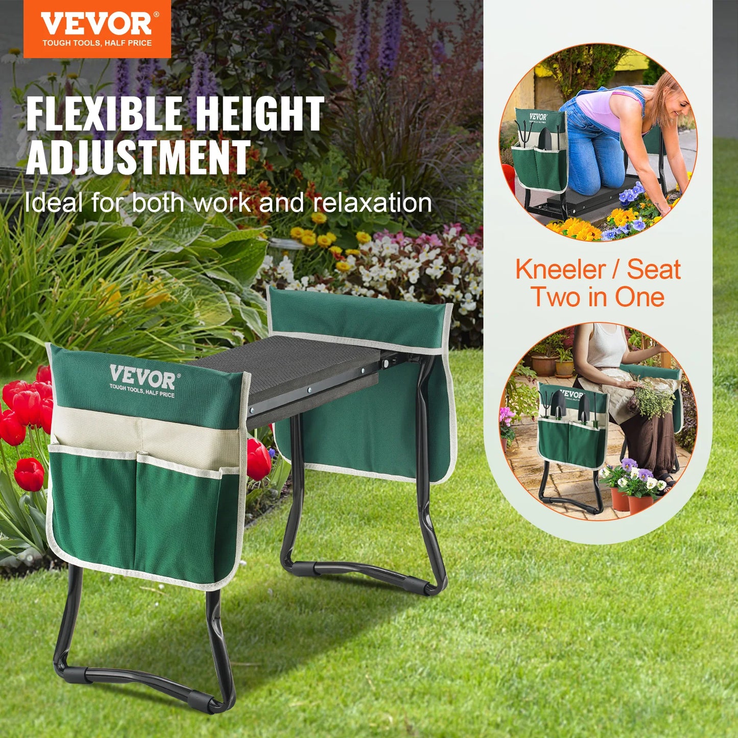 Foldable Garden Kneeler and Seat, 330 lbs Capacity, 8/10" EVA Pad, Tool Pouches