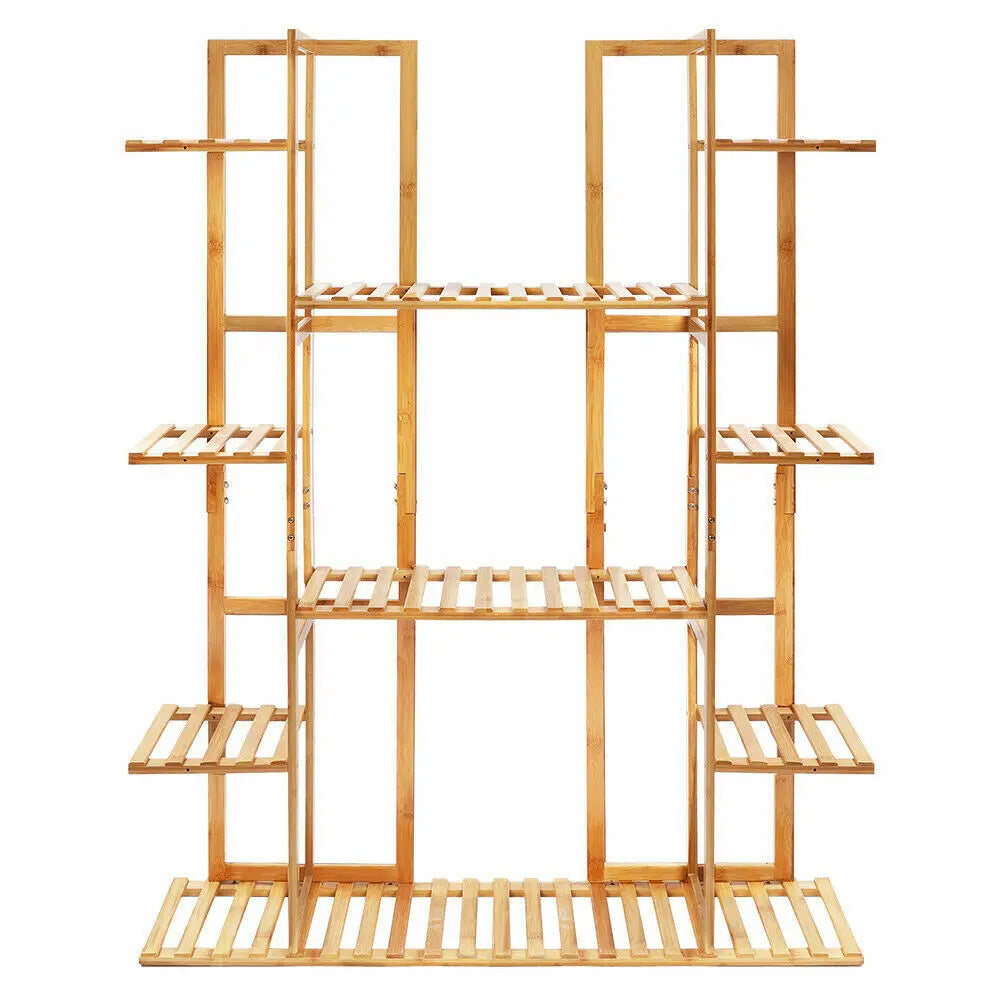 9-Tier Bamboo Plant Stand Rack Holds 17 Flowerpots, Indoor/Outdoor Display Shelf