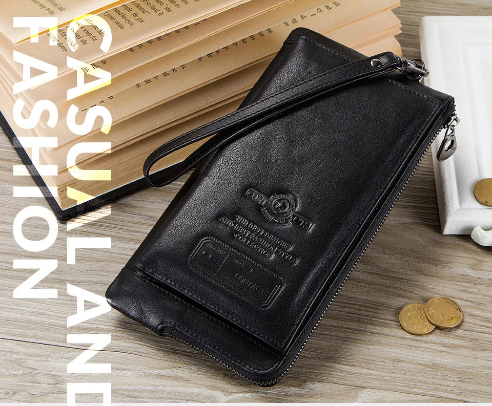 Men's Genuine Leather Wristlet Bag - RFID Clutch Wallet with Card & Phone Holder