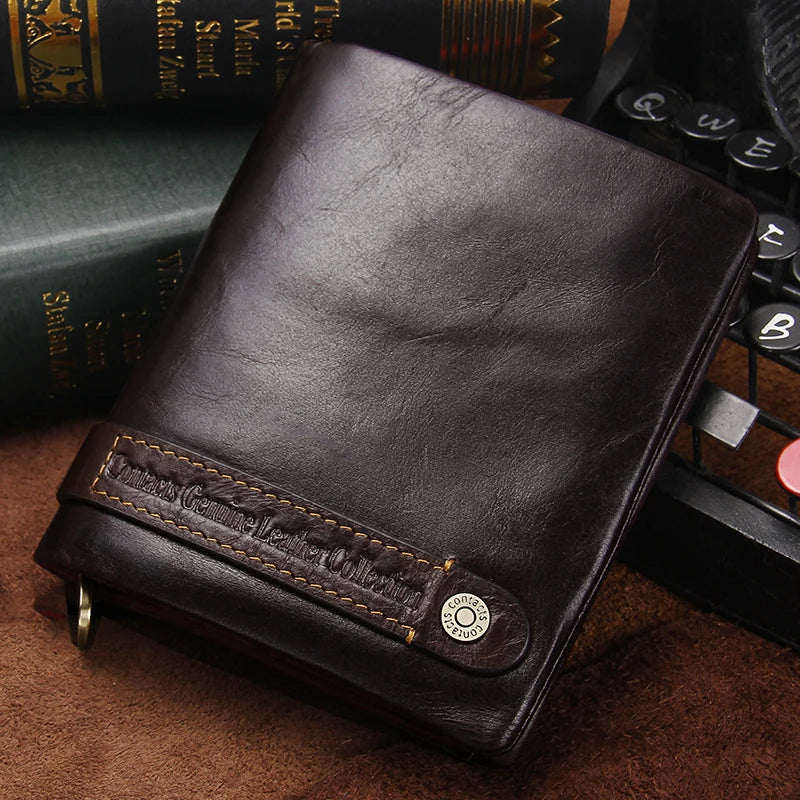 Men's Genuine Leather Bifold Wallet RFID Blocking, Zipper Coin Purse Card Holder