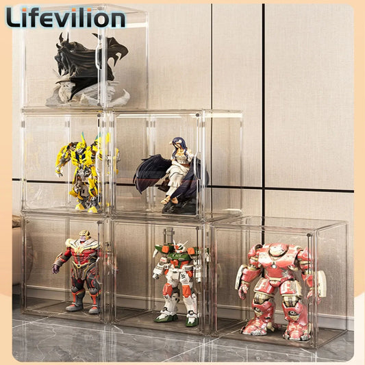 Clear Dustproof Display Case with Magnetic Door, Stackable Storage for Collectibles