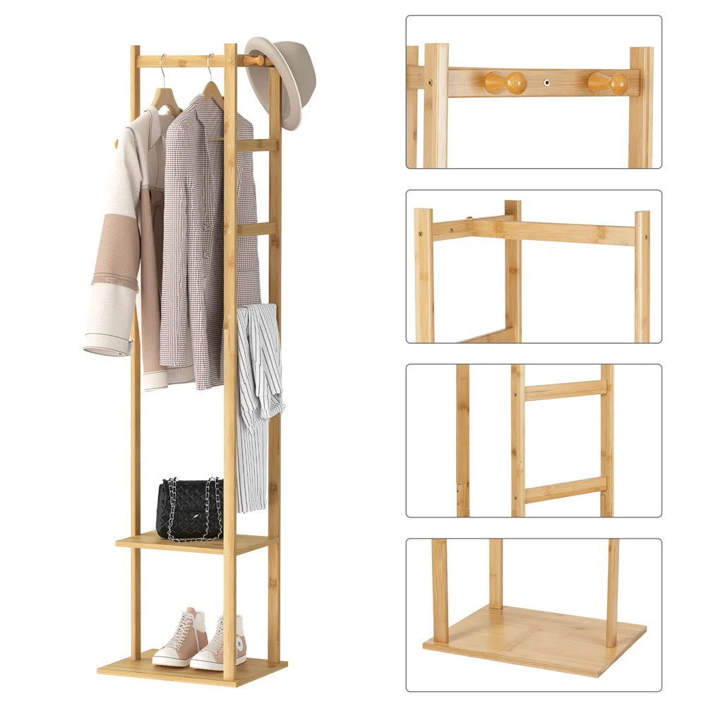 Solid Bamboo Freestanding Coat Tree Rack with Storage and Hooks - Corner Stand