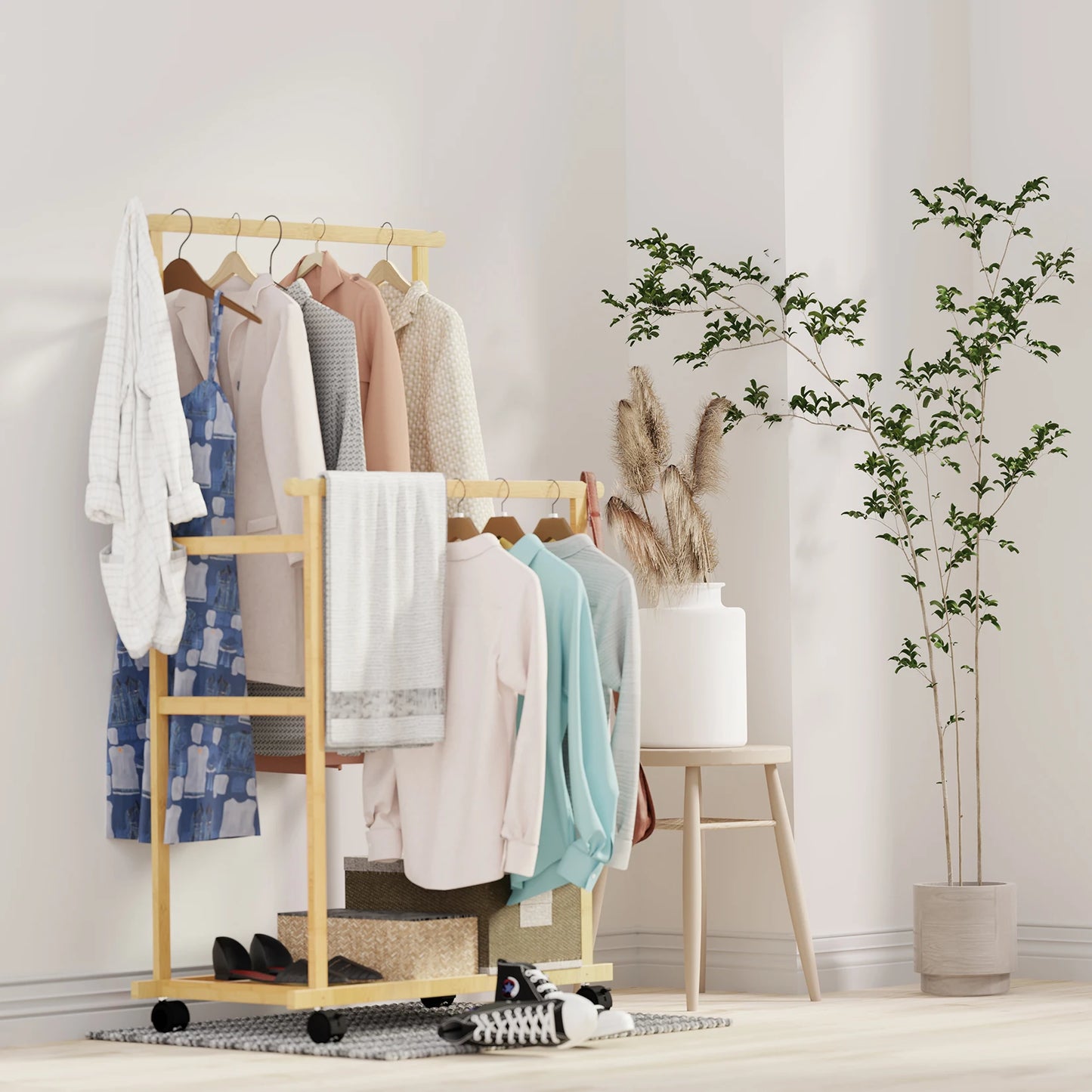 Bamboo Clothes Rack with Double Hanging Rails and Wheels for Bedroom & Entryway