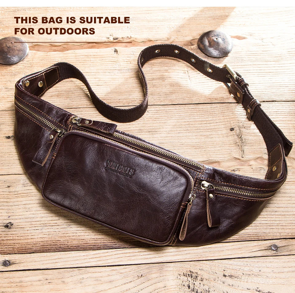 Men's Genuine Cowhide Leather Waist Bag - Casual Fanny Pack for Travel & Phone