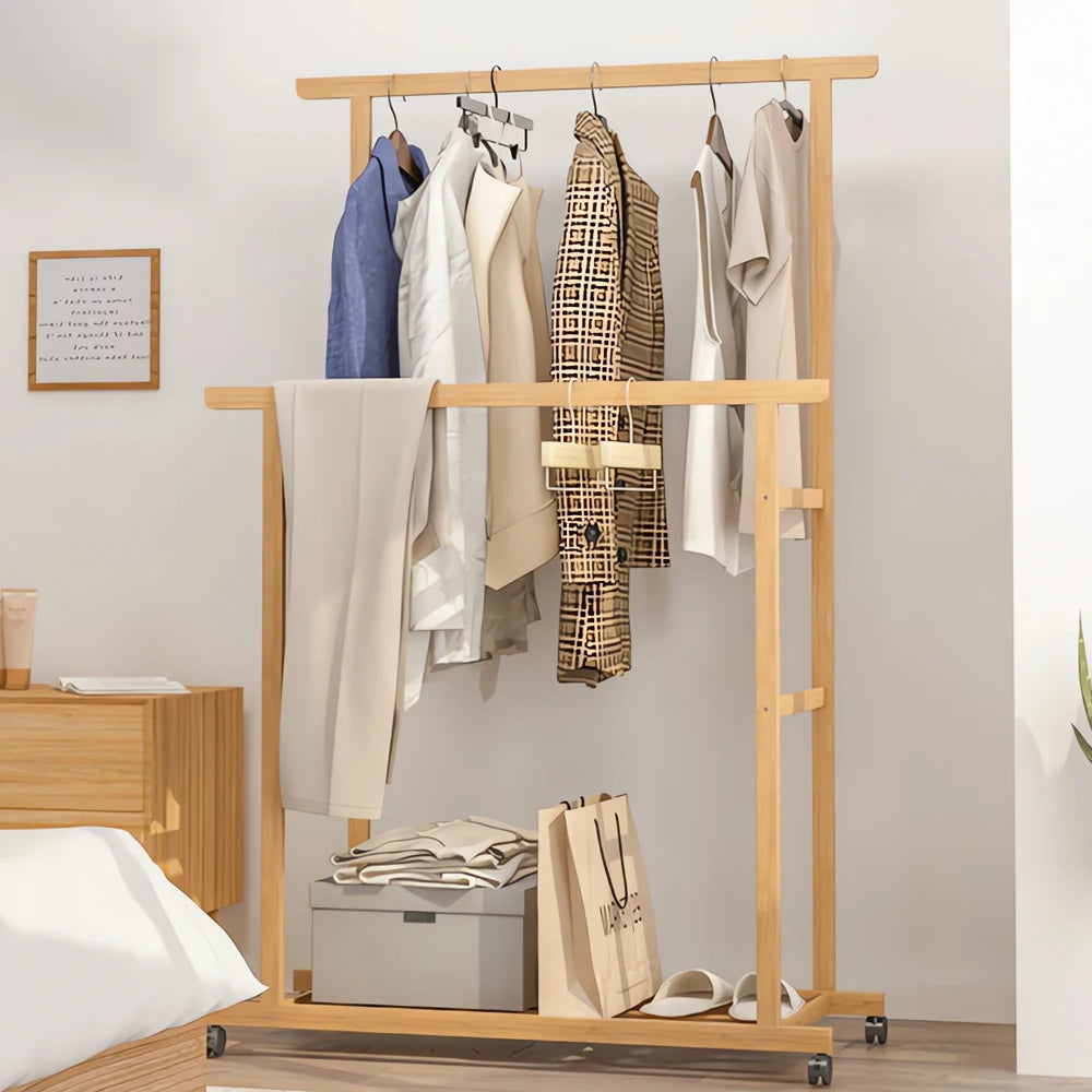 Bamboo Clothes Rack with Double Hanging Rails and Wheels for Bedroom & Entryway