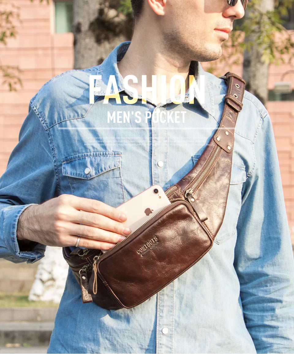 Men's Genuine Cowhide Leather Waist Bag - Casual Fanny Pack for Travel & Phone