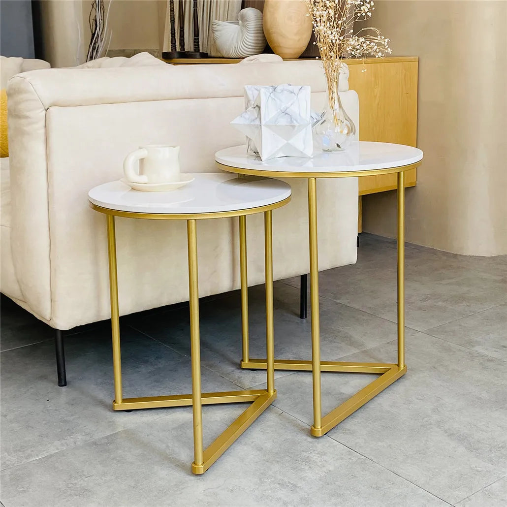 Modern Round Marble Metal Base Nesting Accent Tables - Set of 2 (Marble & Gold)