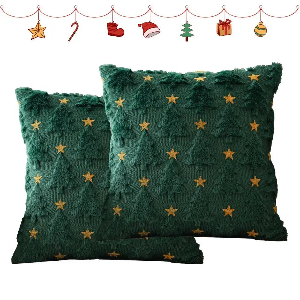 Christmas Cushion Covers Set of 2, 18x18 Inches, Green Tree with Golden Star