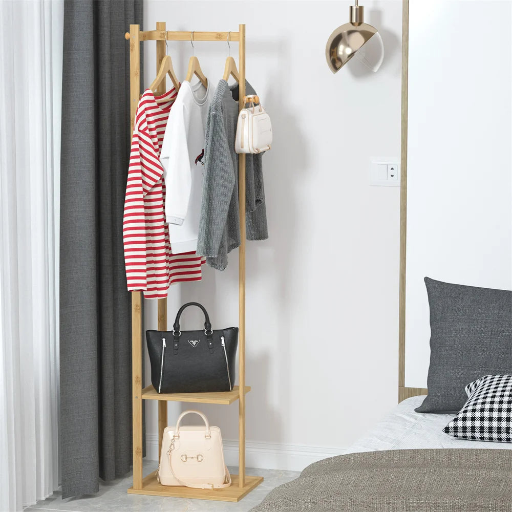 Solid Bamboo Freestanding Coat Tree Rack with Storage and Hooks - Corner Stand