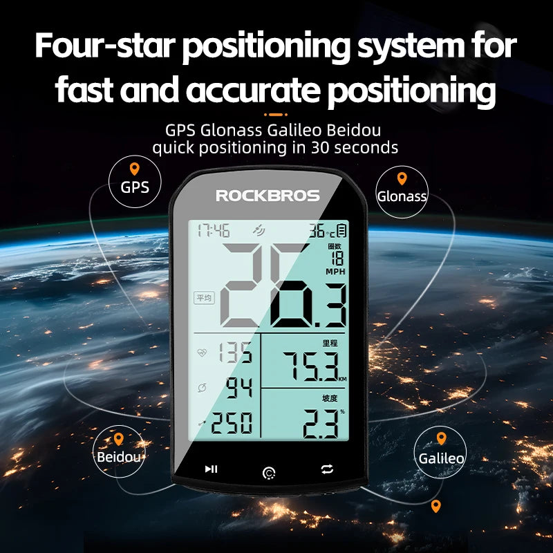 GPS Bike Computer, Bluetooth ANT+, Waterproof Wireless Speedometer