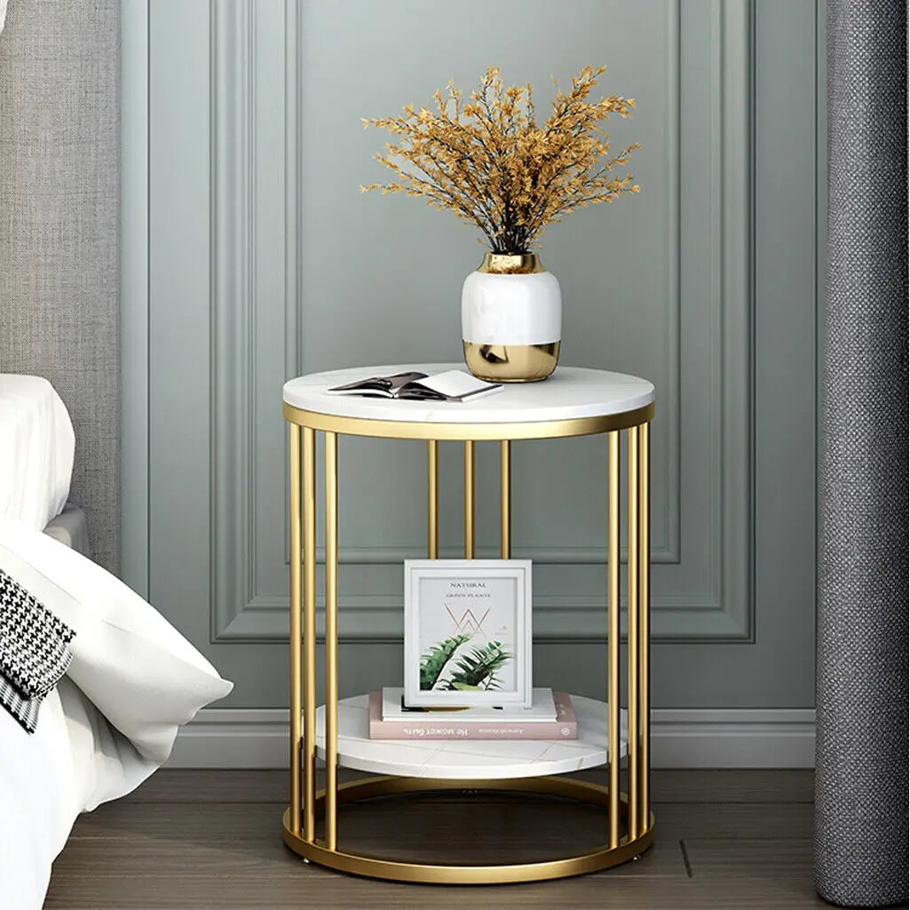 2-Tier White Marble Side Table with Gold Frame for Living Room & Bedroom