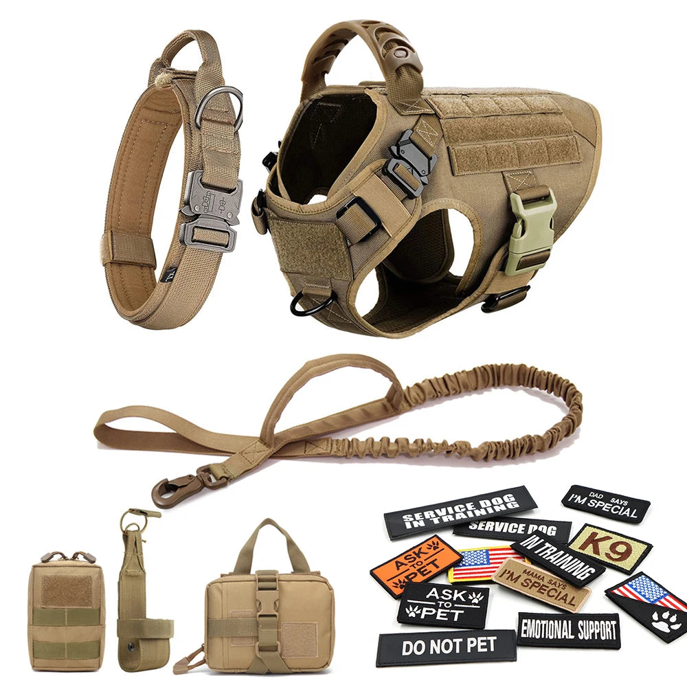 Tactical Dog Harness Set with Collar, Leash, Bags & Patches – K9 Training Vest