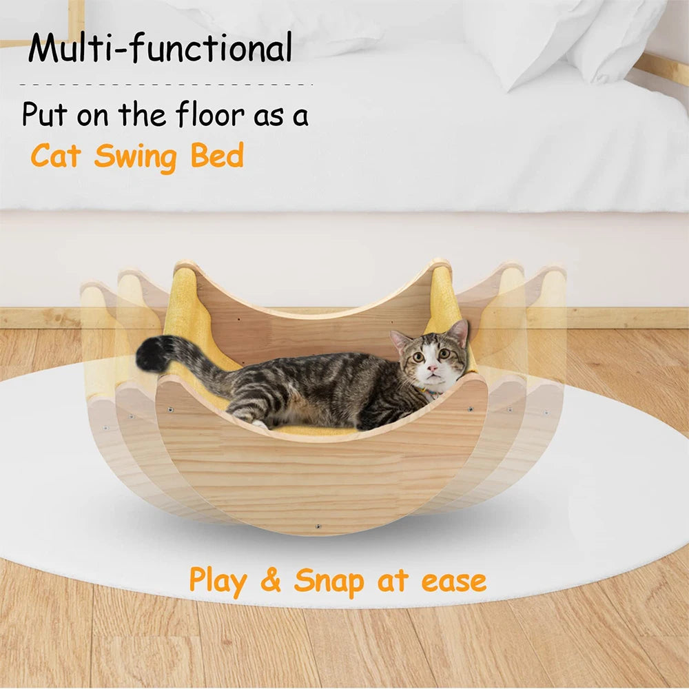 Cat Wall Hammock Moon Shelf, Solid Wood Climbing Perch & Steps, Indoor Cat Activity