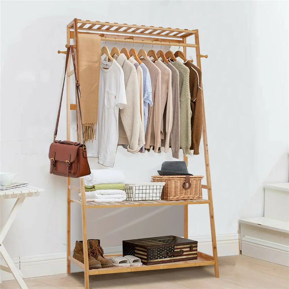 Bamboo Garment Coat Rack with Shelves – Heavy Duty Organizer for Clothes and Shoes