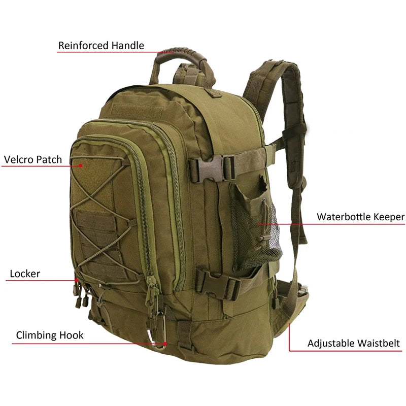 60L Tactical Backpack – Expandable Hiking Camping Rucksack for Travel & Army Use