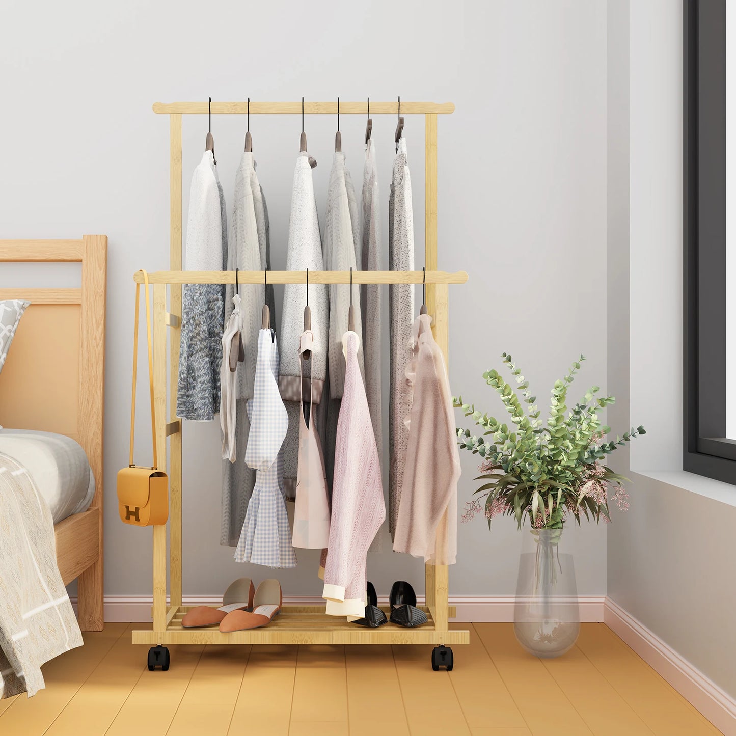 Bamboo Clothes Rack with Double Hanging Rails and Wheels for Bedroom & Entryway