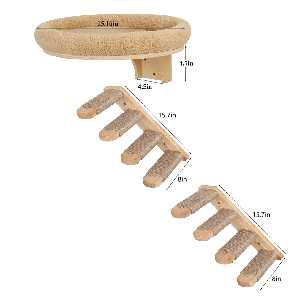 Cat Wall Mounted Wooden Climbing Ladder and Hammock with Scratching Post