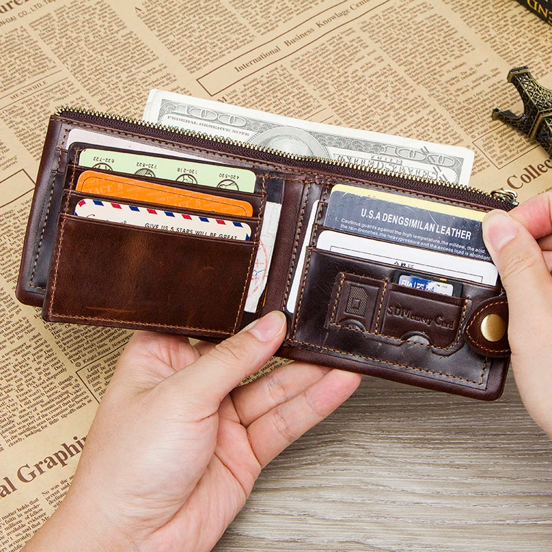 Men's Genuine Cowhide Leather Wallet, Retro Compact Coin Purse, Multi-Functional