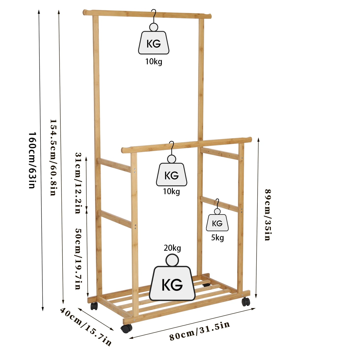 Bamboo Clothes Rack with Double Hanging Rails and Wheels for Bedroom & Entryway