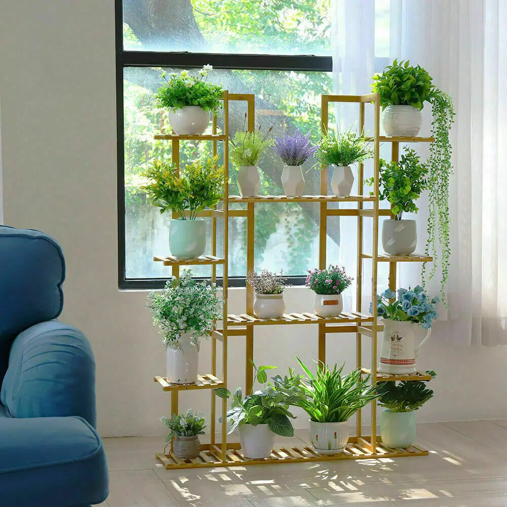 9-Tier Bamboo Plant Stand Rack Holds 17 Flowerpots, Indoor/Outdoor Display Shelf