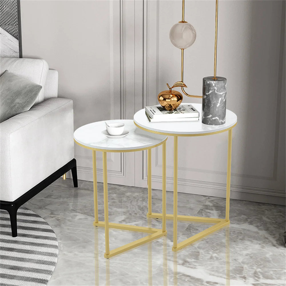 Modern Round Marble Metal Base Nesting Accent Tables - Set of 2 (Marble & Gold)