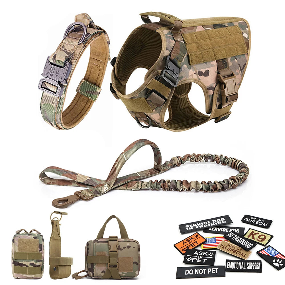 Tactical Dog Harness Set with Collar, Leash, Bags & Patches – K9 Training Vest