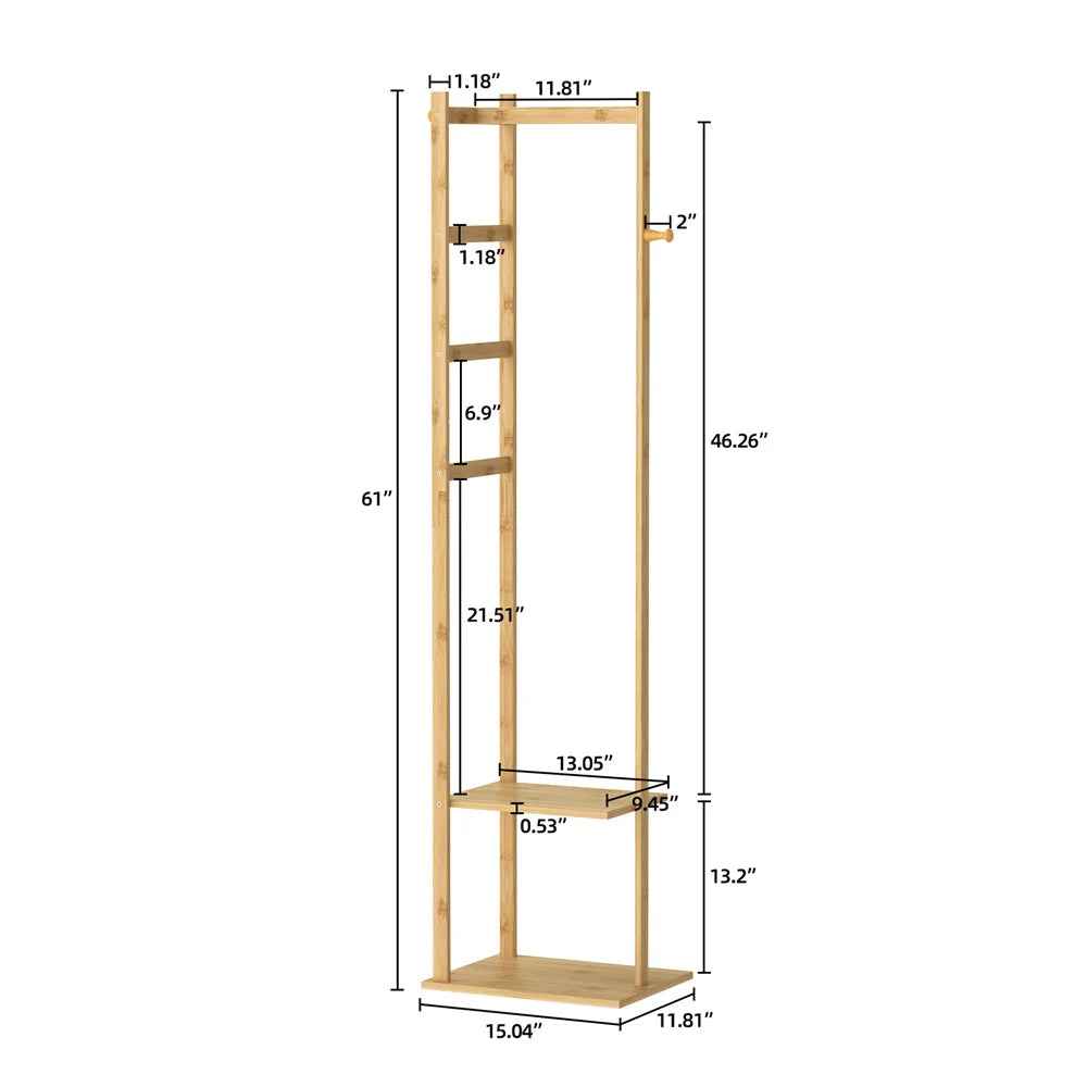 Solid Bamboo Freestanding Coat Tree Rack with Storage and Hooks - Corner Stand