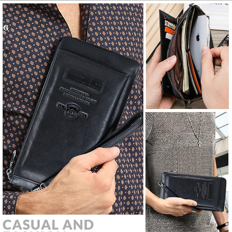 Men's Genuine Leather Wristlet Bag - RFID Clutch Wallet with Card & Phone Holder