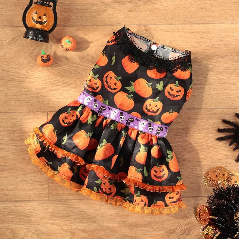 Halloween Pumpkin Lace Dress – Double-Layered Dog Party Outfit