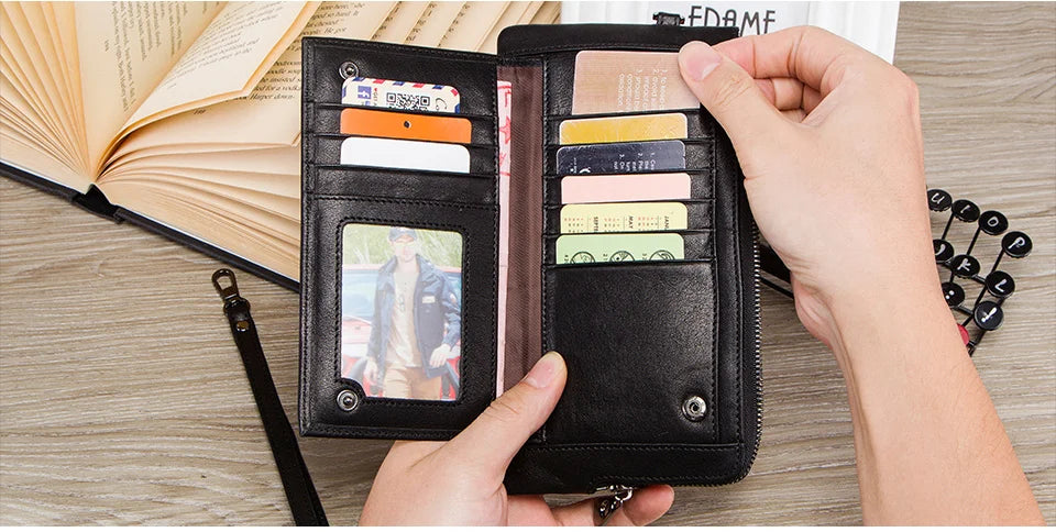 Men's Genuine Leather Wristlet Bag - RFID Clutch Wallet with Card & Phone Holder