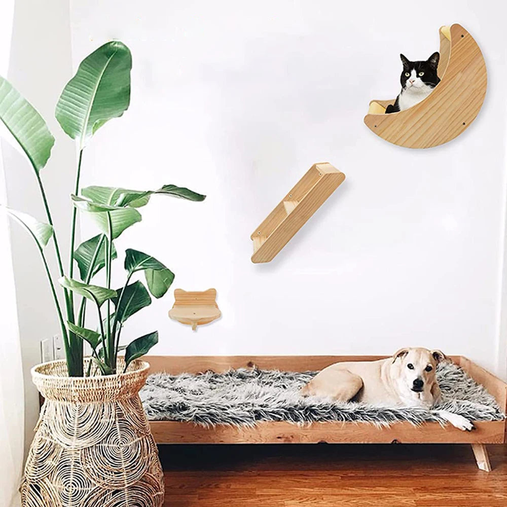 Cat Wall Hammock Moon Shelf, Solid Wood Climbing Perch & Steps, Indoor Cat Activity