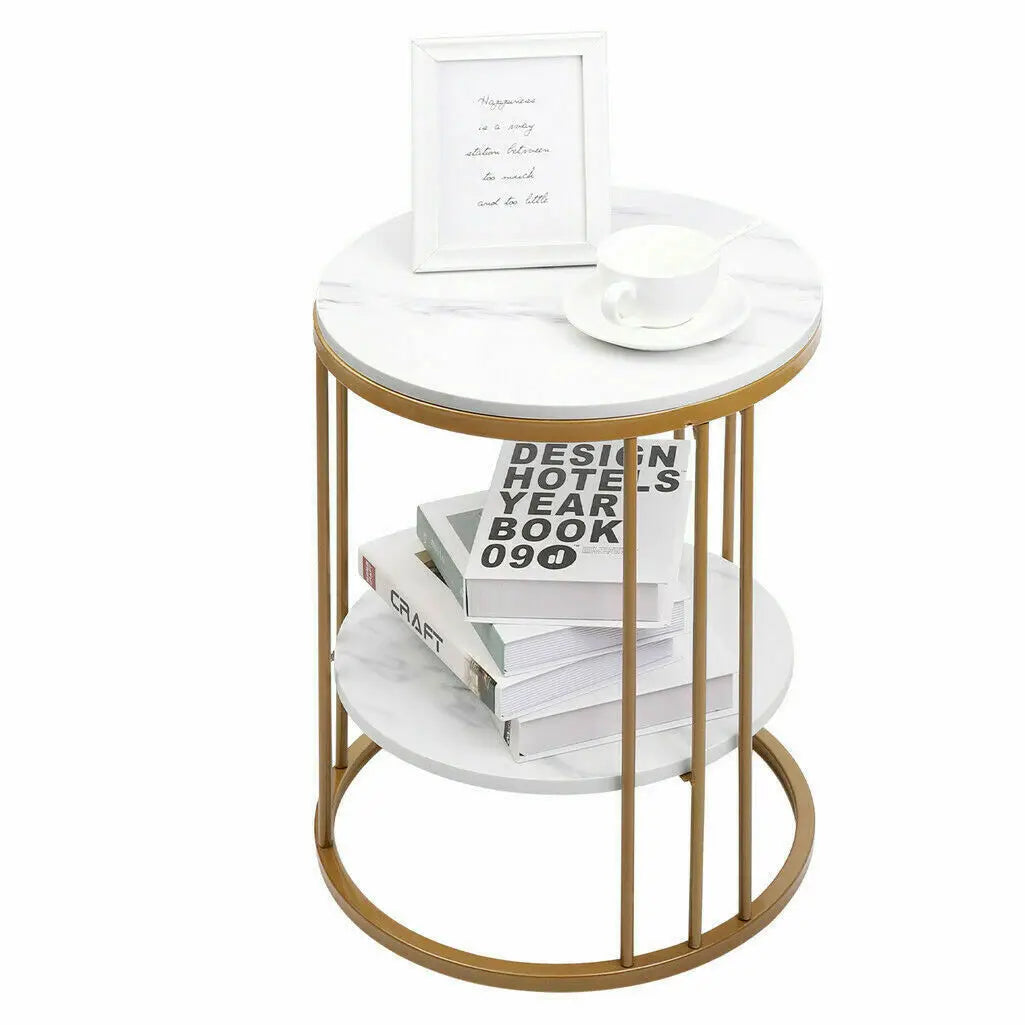 2-Tier White Marble Side Table with Gold Frame for Living Room & Bedroom