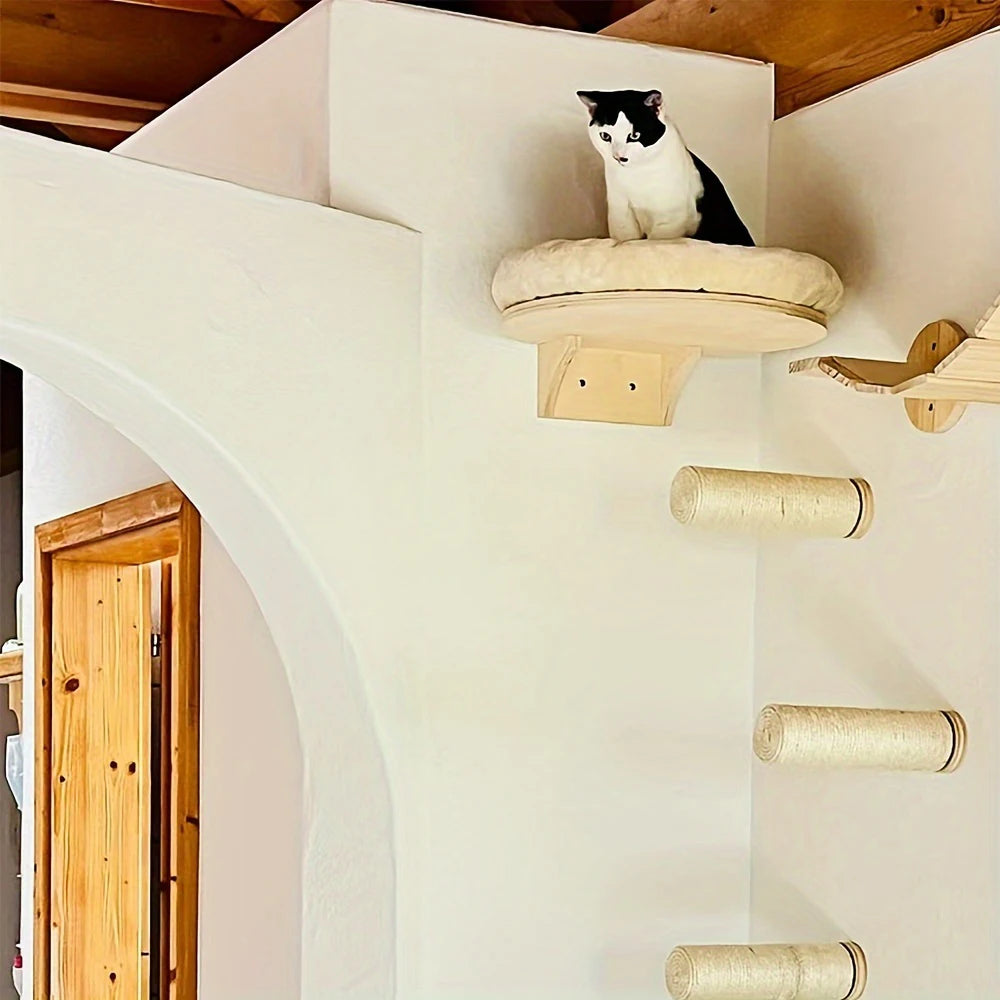 Cat Wall Mounted Wooden Climbing Ladder and Hammock with Scratching Post