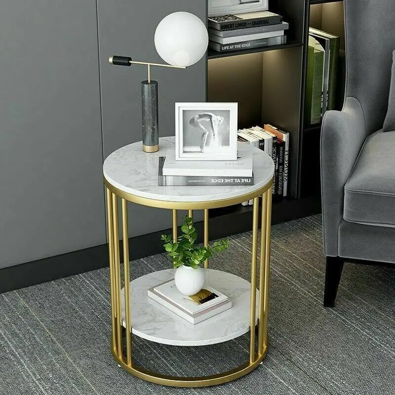 2-Tier White Marble Side Table with Gold Frame for Living Room & Bedroom