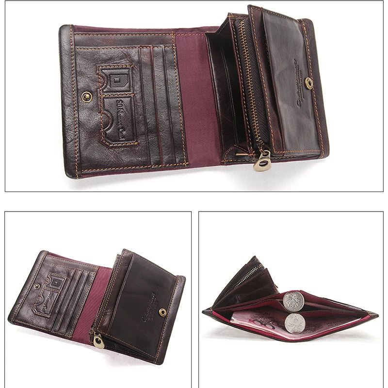 Men's Genuine Leather Bifold Wallet RFID Blocking, Zipper Coin Purse Card Holder