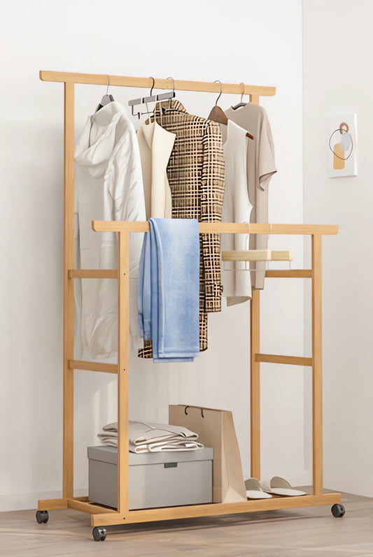 Bamboo Clothes Rack with Double Hanging Rails and Wheels for Bedroom & Entryway