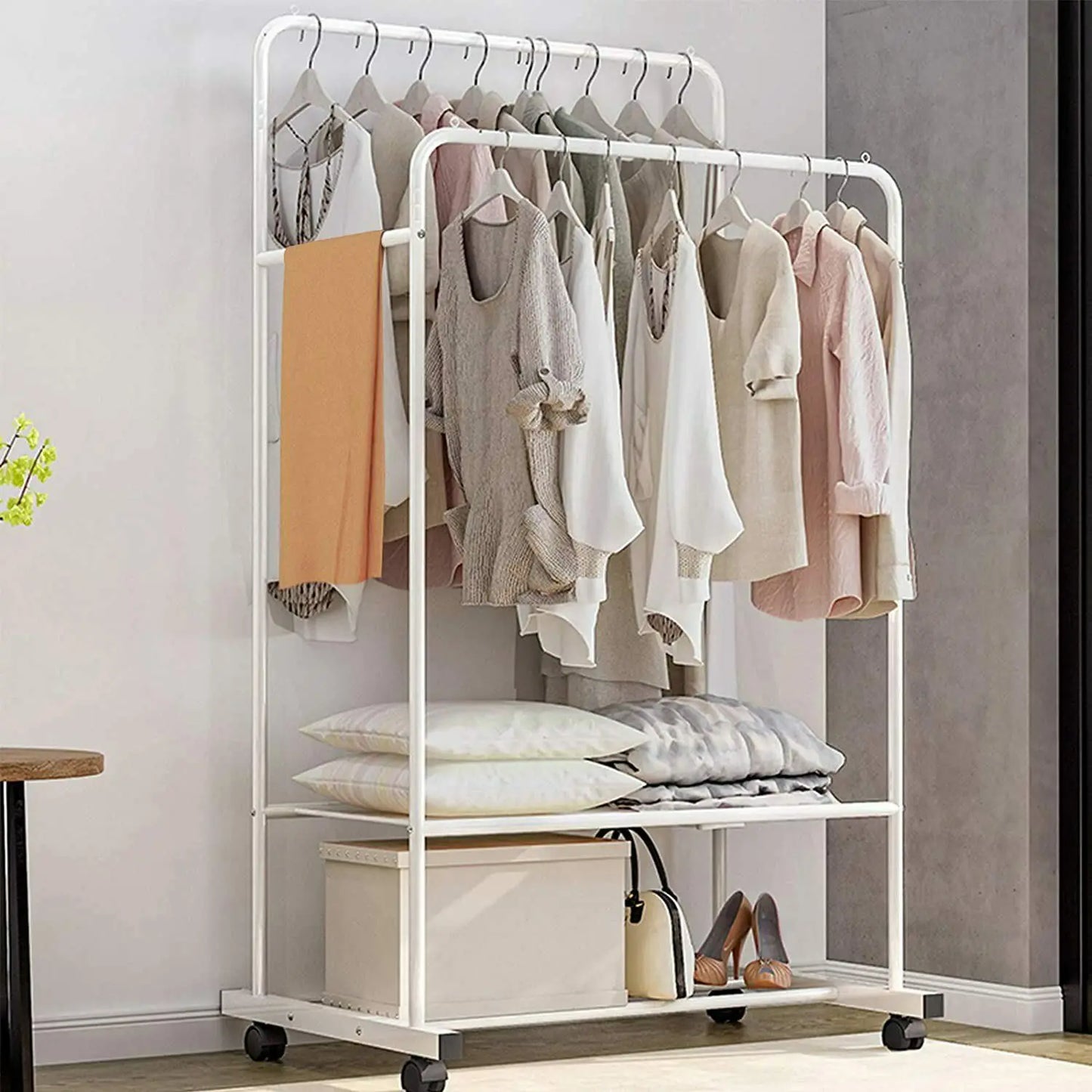 1.5m Double Rail Rolling Clothes Rack with Shelves & Wheels for Storage