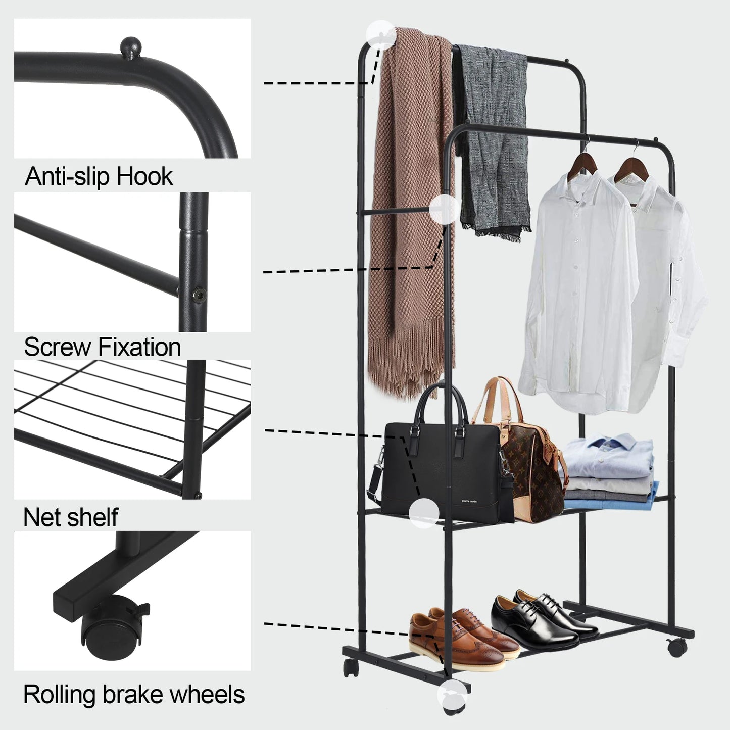 1.5m Double Rail Rolling Clothes Rack with Shelves & Wheels for Storage