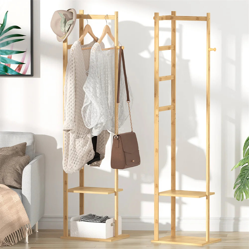 Solid Bamboo Freestanding Coat Tree Rack with Storage and Hooks - Corner Stand