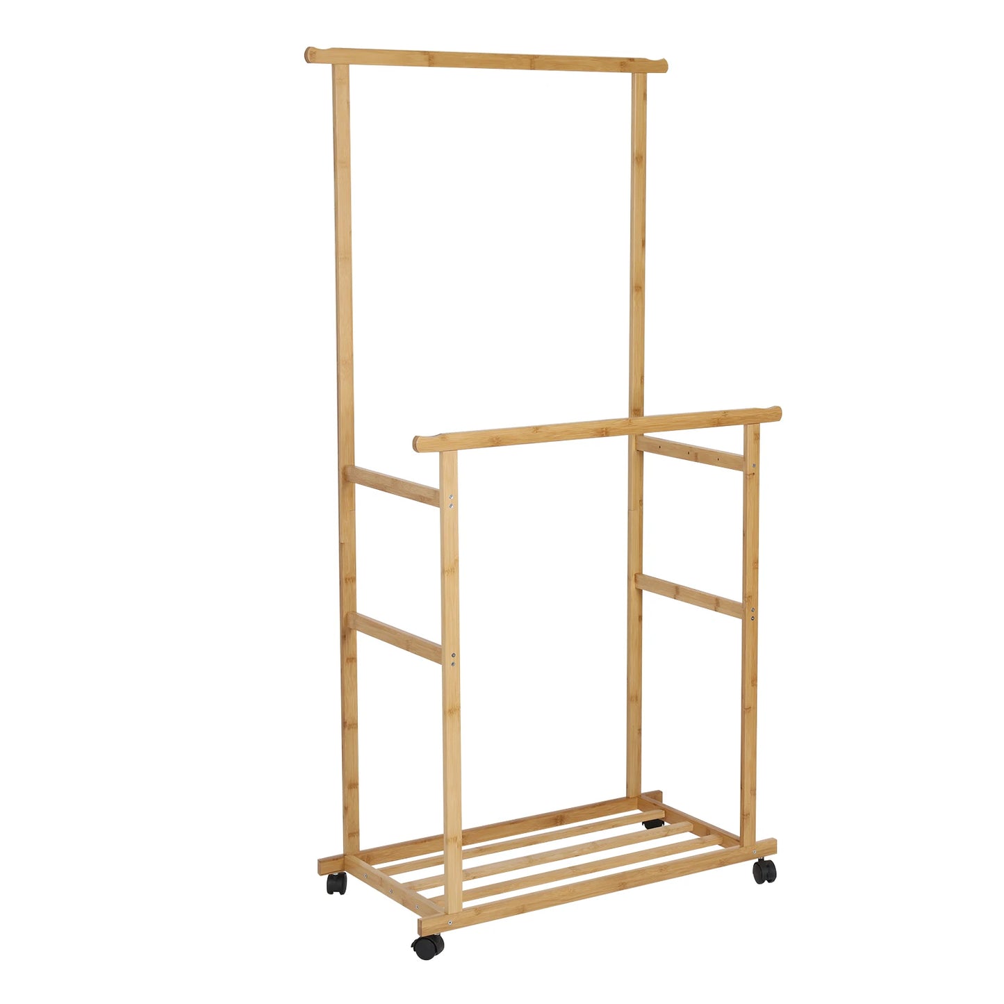 Bamboo Clothes Rack with Double Hanging Rails and Wheels for Bedroom & Entryway