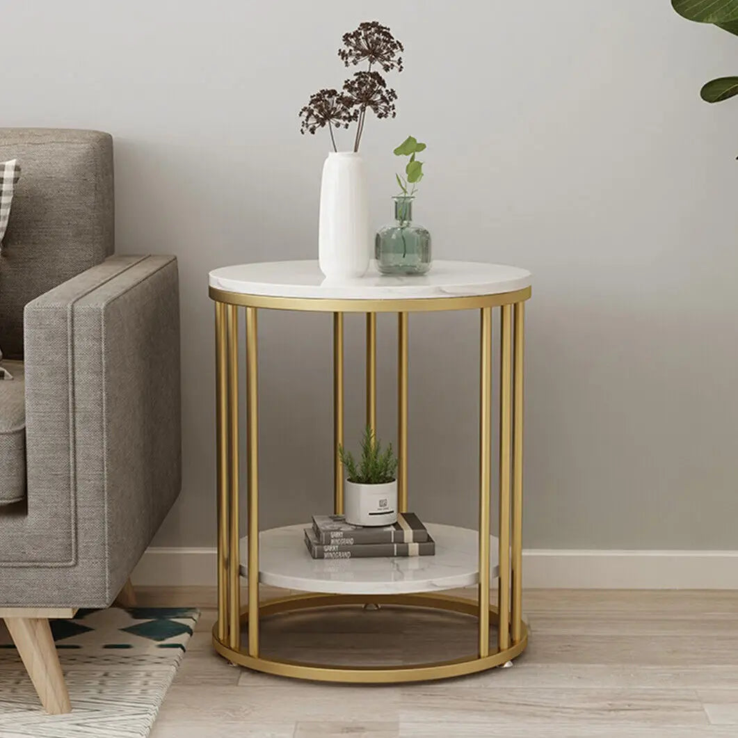 2-Tier White Marble Side Table with Gold Frame for Living Room & Bedroom