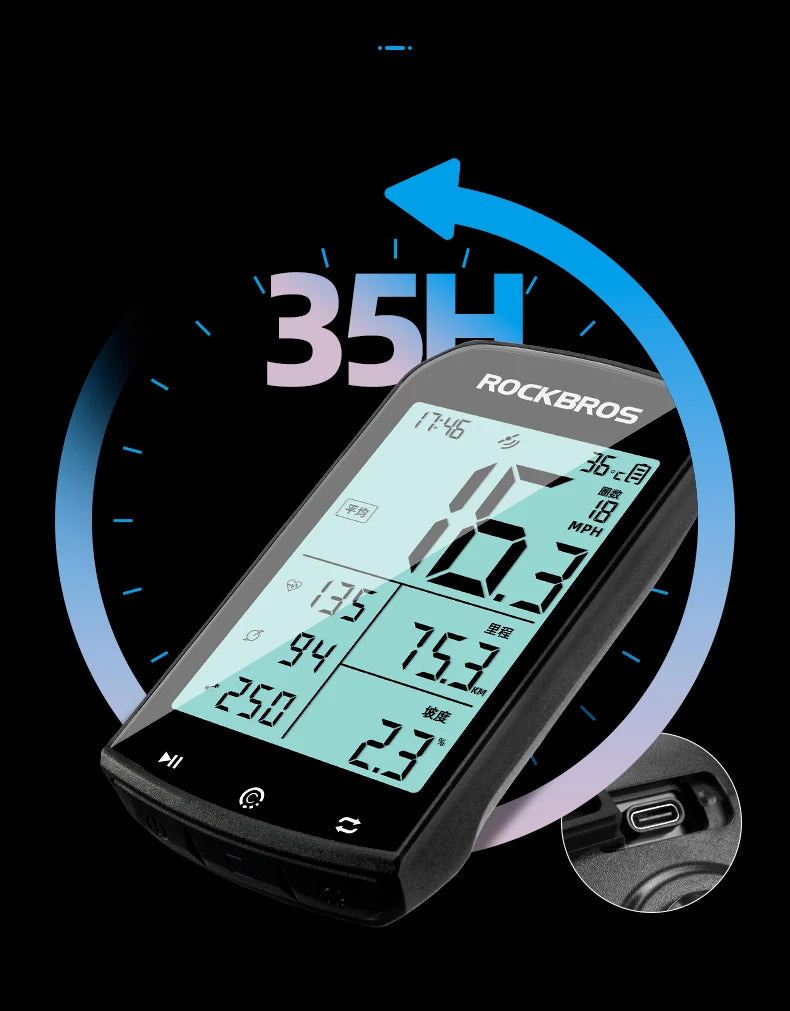 GPS Bike Computer, Bluetooth ANT+, Waterproof Wireless Speedometer