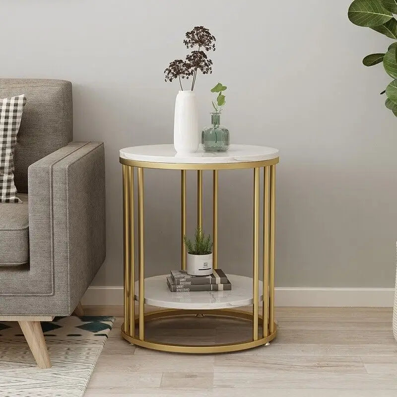 2-Tier White Marble Side Table with Gold Frame for Living Room & Bedroom