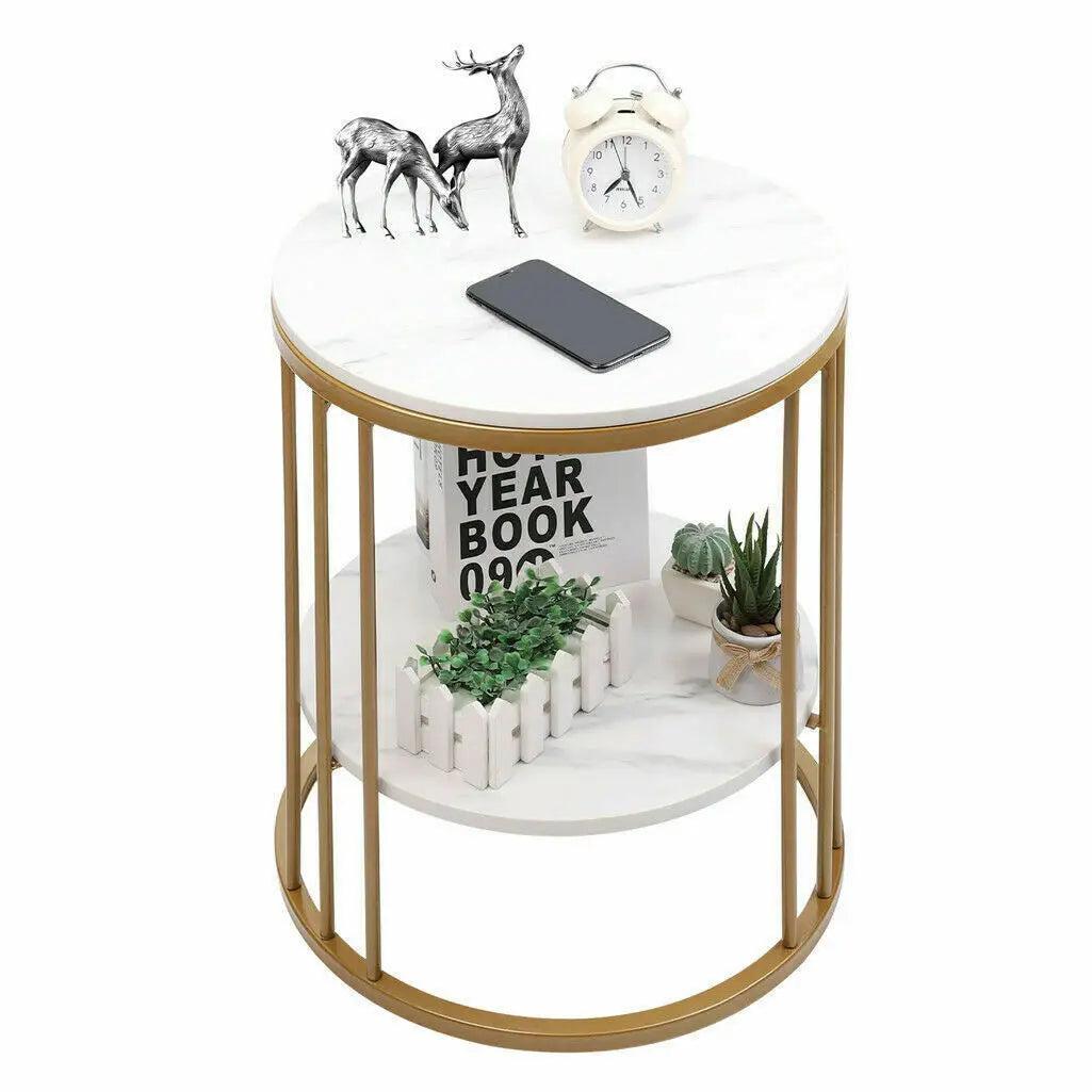 2-Tier White Marble Side Table with Gold Frame for Living Room & Bedroom