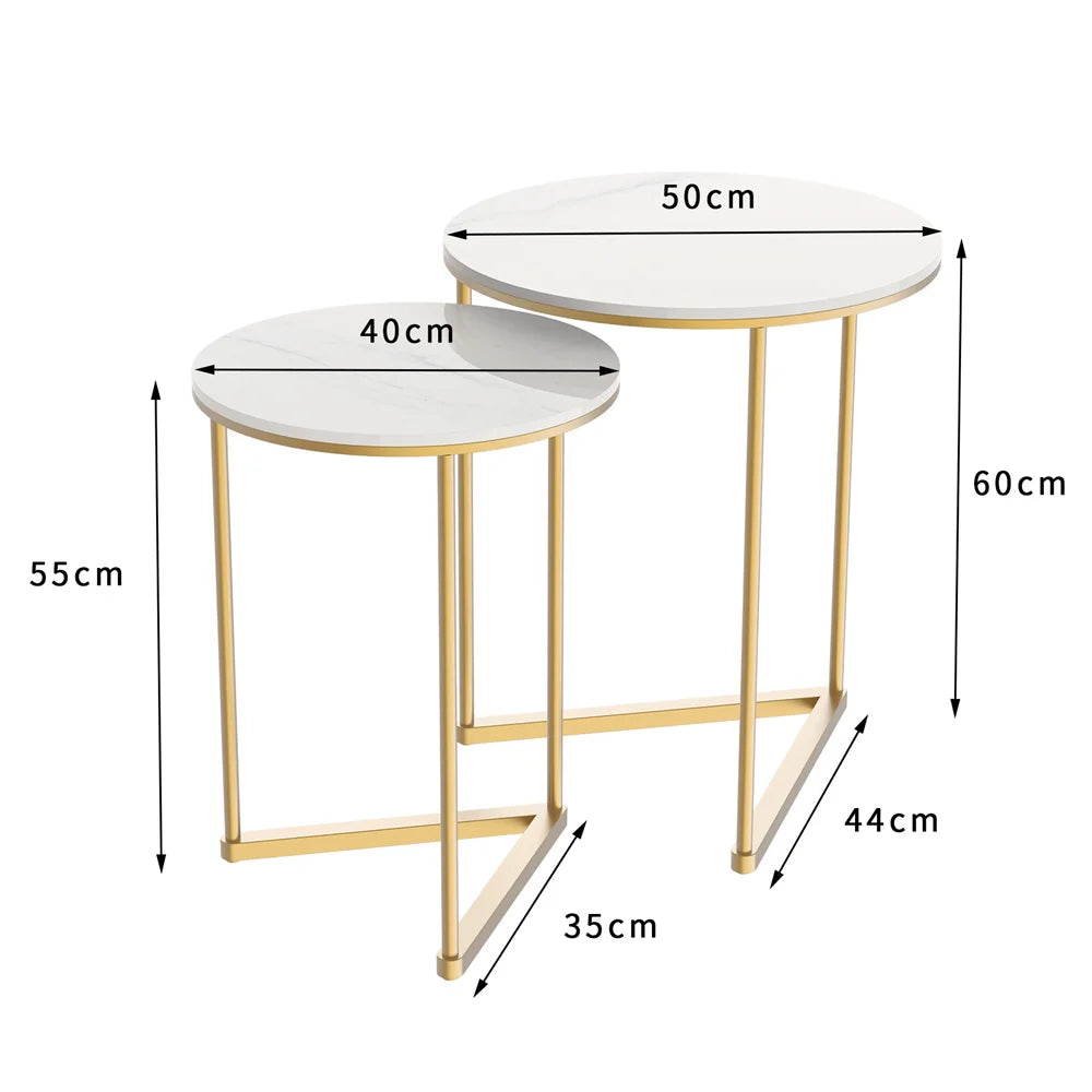 Modern Round Marble Metal Base Nesting Accent Tables - Set of 2 (Marble & Gold)