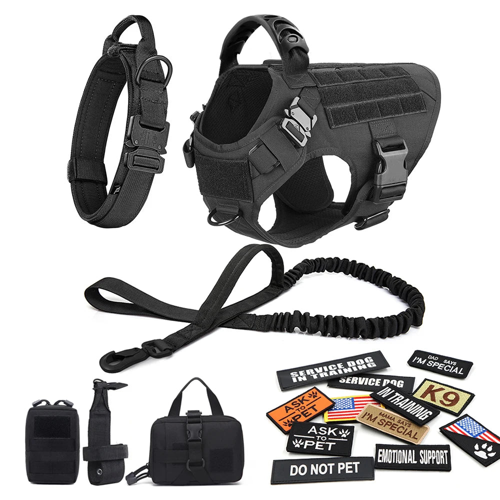 Tactical Dog Harness Set with Collar, Leash, Bags & Patches – K9 Training Vest