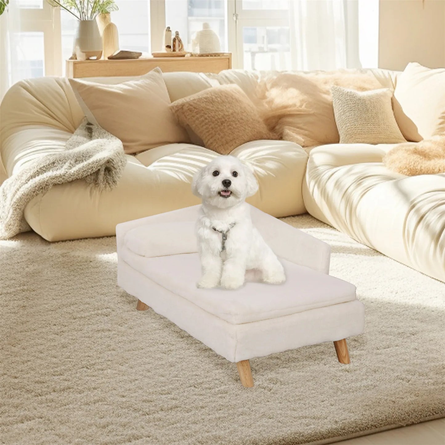 Elevated Pet Sofa Bed with Waterproof Cushion and Sturdy Wood Legs for Small Pets